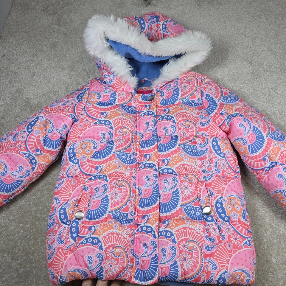 London Fog Puffer Snow Jacket Girls M(5-6) Periwinkle Pink Paisley Fleece Lined - Image 2 of 4