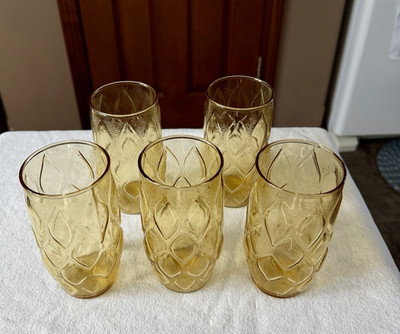 Set of 5,  1970s Anchor Hocking MADRID Honey Gold 13oz GLASS TUMBLERS 5-5/8'' Vtg