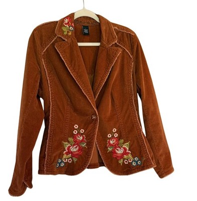 Kiki L 98% Cotton Cognac Colored Corduroy Jacket with Embroidered Flowers BOHO