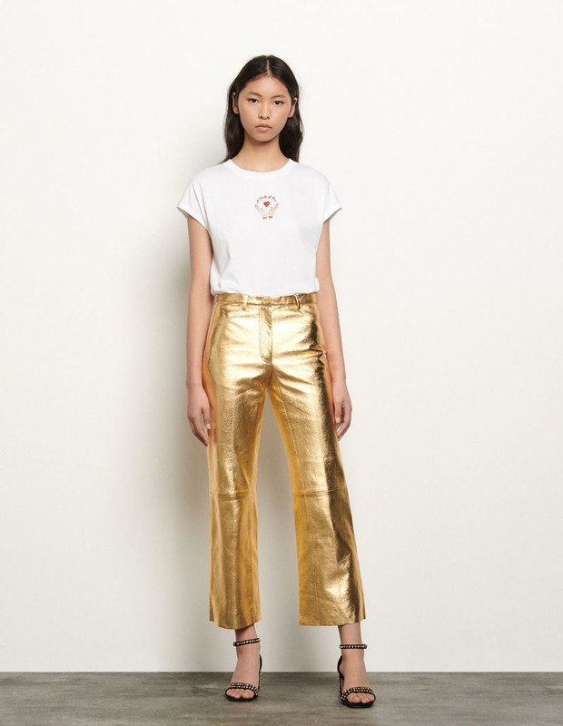 NWT SANDRO Metallic gold leather kick-flare pants US 4/S FR 36 $820