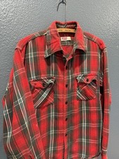 Vintage 70  s Levi  s Red Cotton Men  s Plaid Flannel Button Up Sz Large