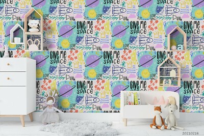 3D Planet Alphabet Spaceship Cat Self-adhesive Removable Wallpaper Murals Wall 