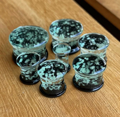 PAIR of Glow in the Dark Sparkles Pyrex Glass Double Flare Plugs Body Jewelry 