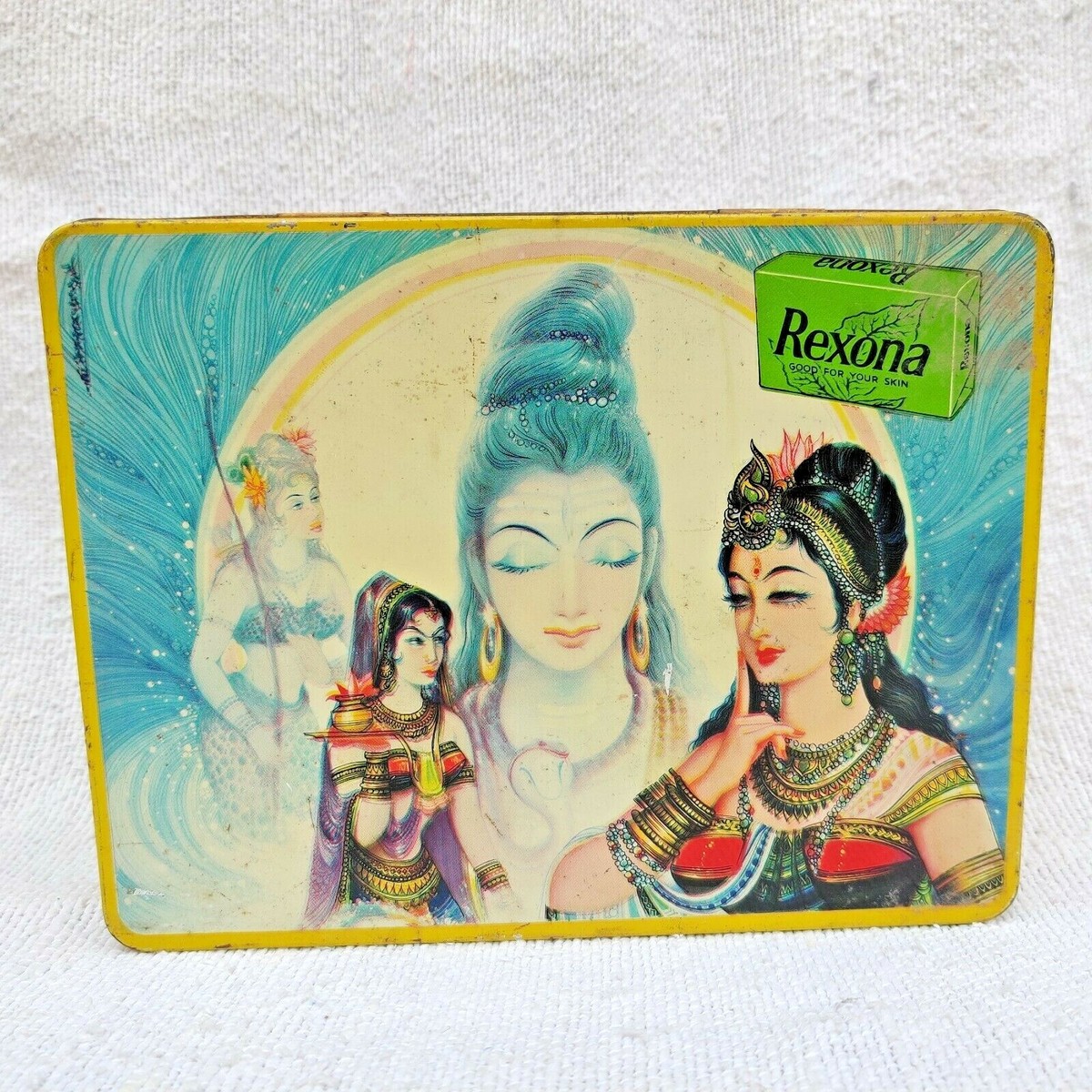 イマン アンナ ビード入り BOX缶 1950s Vintage Rexona Soap Adv Tin Lord Shiva Parvati Apsara