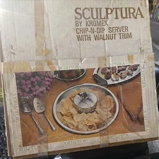  Kromex Sculptura Chip-N-Dip Server with Walnut Trim in Box
