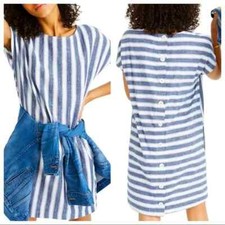 Madewell Blue White Stripe Play Button Back Linen Blend Preppy Dress Size M