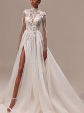 Beaded Wedding Dress Long Train High Neck Bridal Wedding Gown High Thigh Bride