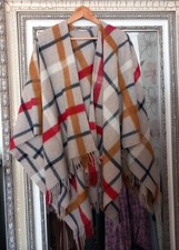 Fiori Di Firenze Ladies Red Mix Check Wool Mohair Alpaca Fringe Cape One Size