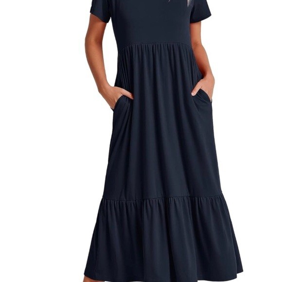 ANRABESS Peasant Tiered Dress Navy Large Modest