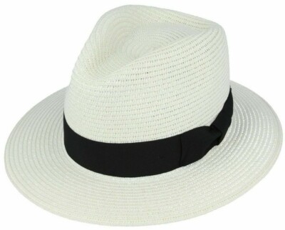 Weißer Stroh Fedora Hut Sonne Sommer Papier Gangster weiße Feder Trilby Unisex