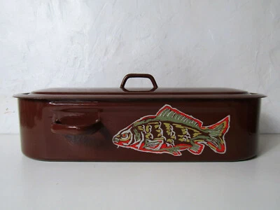 ancienne poissonnière plat à poisson ou asperges acier émaillé vintage - Photo 1/4