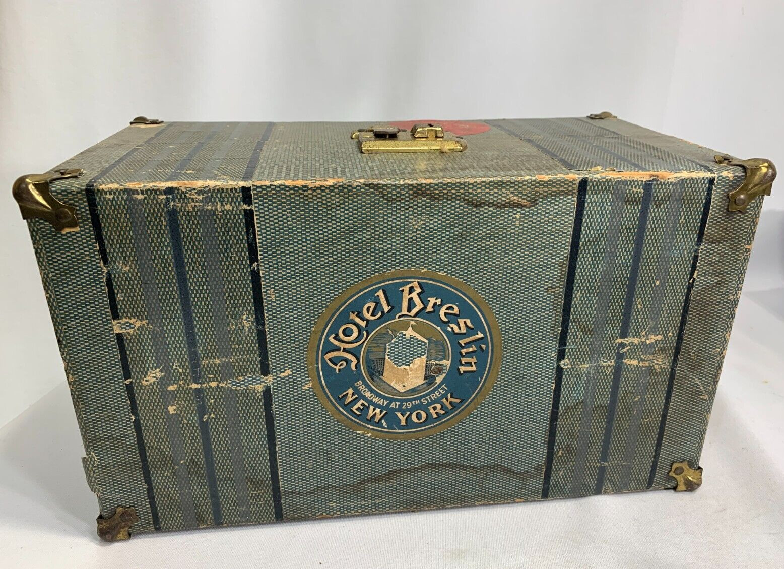 1930's Composite DOLL TRUNK Brass Knuckle Corners Pin Stripe pattern 13"x8"x8"