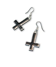 Inverted Black Cross Hand Painted Enamel on Silver Pewter Earrings #1030