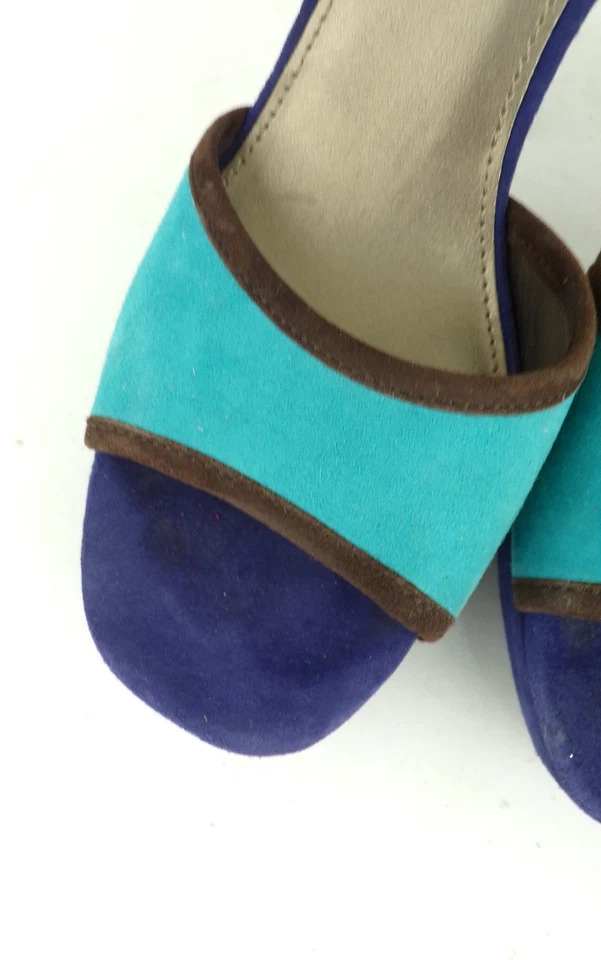 Vintage BANDOLINO Shoes 6 M Brown & Blue Suede Open Toe Strappy Heels Sandals  - Image 3 of 4