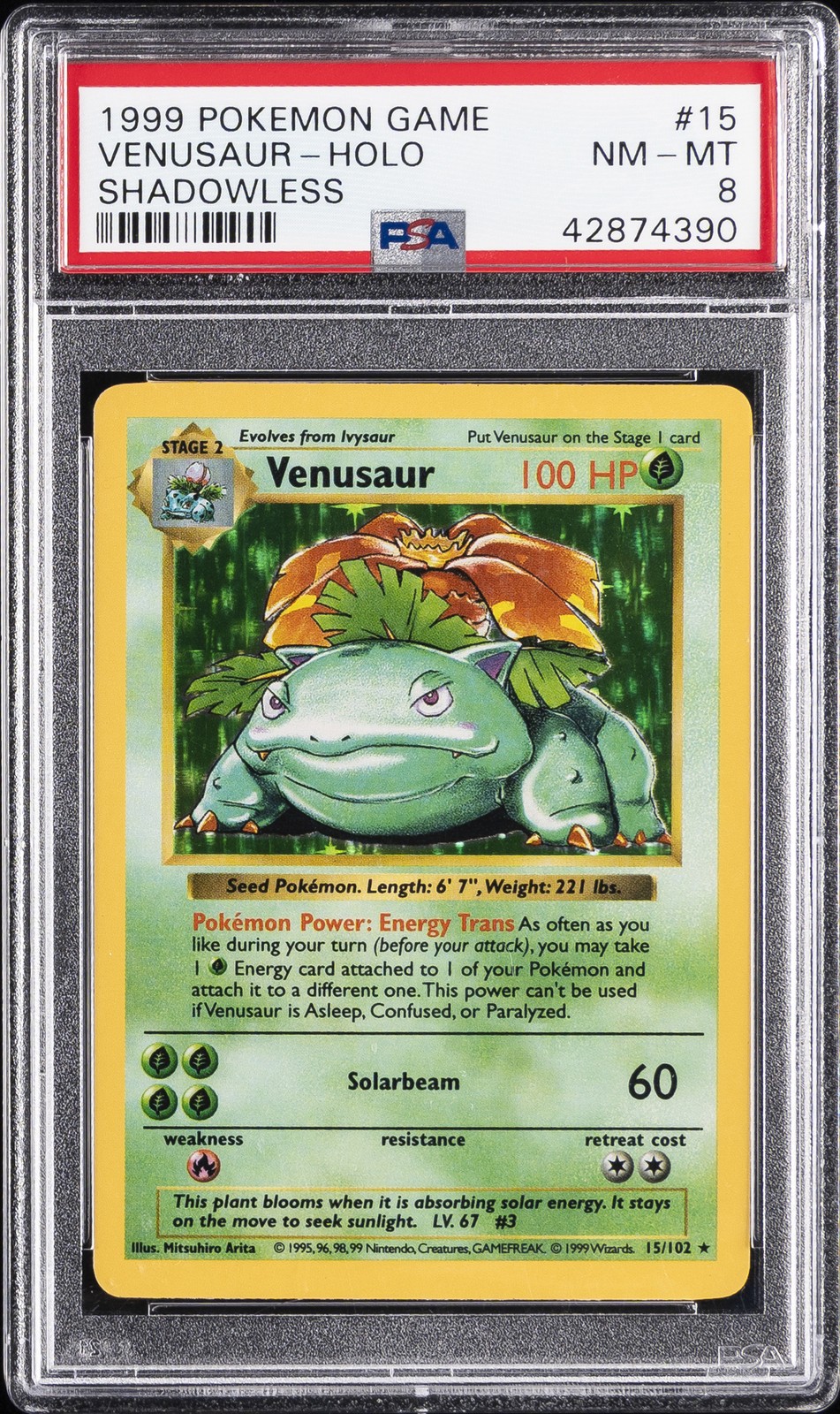1999 POKEMON BASE SET SHADOWLESS #15 VENUSAUR-HOLO PSA 8