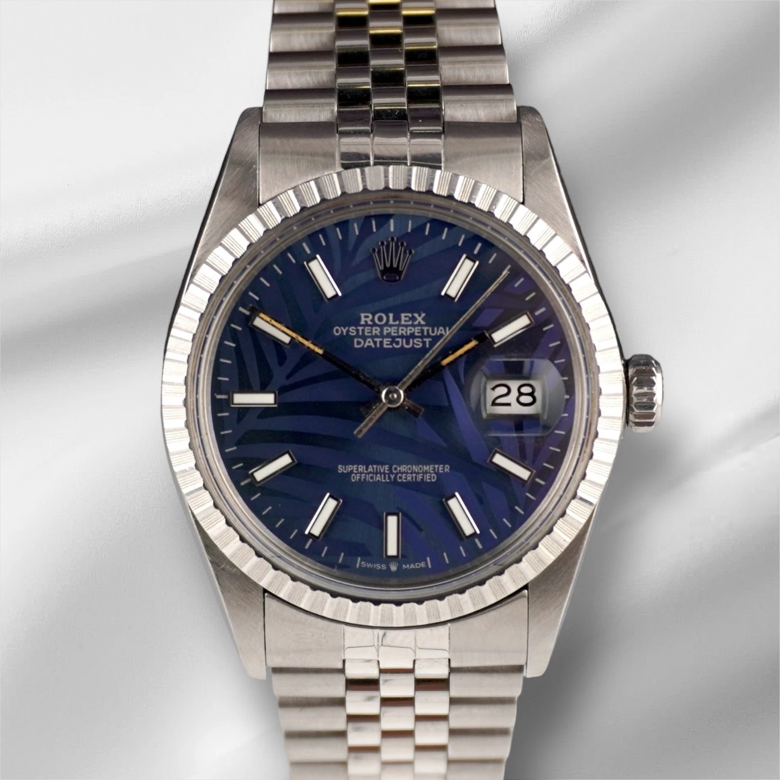 Rolex — Rolex 36mm Datejust Steel Engine-Turned Dark Blue Palm Motif Dial Watch 16030