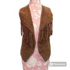 Express Vintage Brown Leather Fringe Vest 90s Western Festival One Size