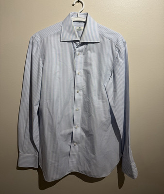 Borrelli Napoli Men s Dress Shirt 15.5 39 Regular Fit Blue/White Stripe Cotton