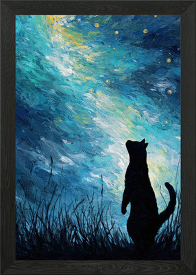 Katze blickt auf Sternenhimmel Gemälde gerahmt Wandbild Poster Leinwanddruck Bild