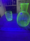 Vintage Anchor Hocking Uranium Glass Block Optic Pattern Carafe and Glass