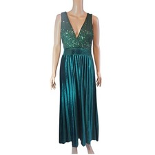 Emerald Green M Sequin Velvet Maxi Plunge V‑Neck Open Back Pleated Formal Gown