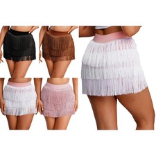 Women Dancewear Costume Skirt Ballroom Skirts Mesh Tassels Practice Tiered