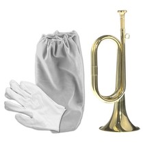 Gold Plated Brass Bugle Horn, Cavalry Trumpet with Bag and Gloves