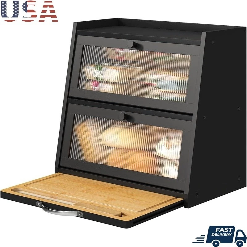 Bamboo Bread Box Large Capacity W/ Acrylic Wavy Door Cutting Board Included New