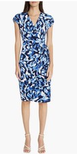 London Style Women’s V Neck Cap Sleeve Blue Floral Sheath Dress 14 Party Event