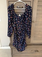Loft Women’s 12 Navy Multicolor Floral Long Sleeve Ruffle Dress