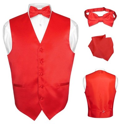 Men's Dress Vest BOWTie Hanky Solid RED Color Bow Tie Set for Suit or Tuxedo