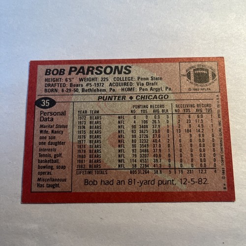 1983 Topps Bob Parsons #35 Chicago Bears Penn State - Picture 2 of 2