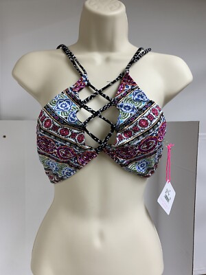 Vanilla Beach Black Multi Lace Up Bikini Swim Top Medium NWT