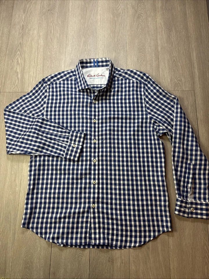 Camisa Robert Graham Para Hombres 2XL Azul Cuadros Guinga Manga Larga Lino XXL A Medida Foto 2 de 4