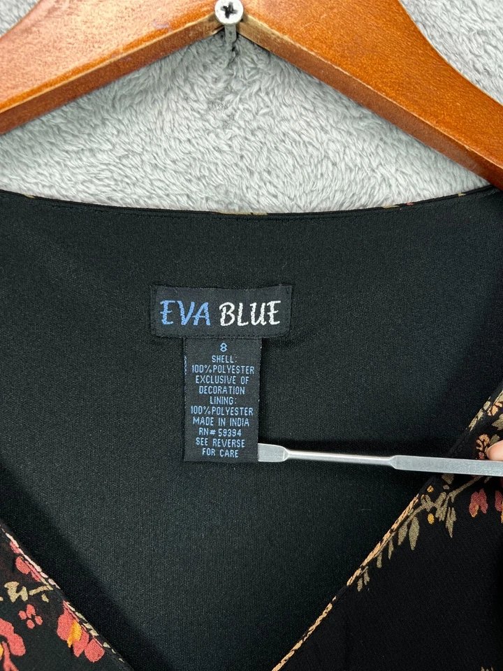 EVA BLUE Dress Womens 8 Dresses Black Floral Beaded Dress Chiffon Ruffle Flounce - Image 4 of 4