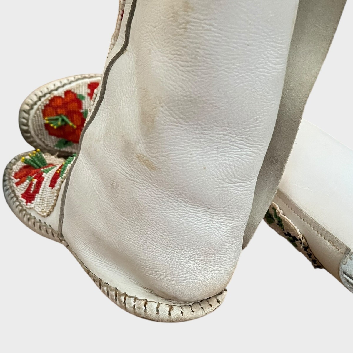 Vintage Hand-Beaded Taos White Hightop Moccasin Boots W/ Conchos
