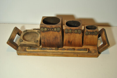 Antiker Tabakraucher Necessaire aus Holz Art Deco Tablett Topf Aschenbecher