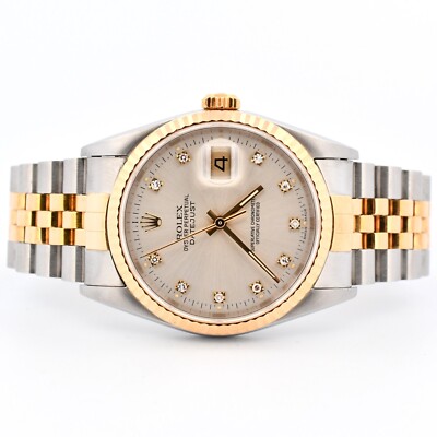 Rolex DateJust 16233 18K Two Tone Original Slate Silver Diamond 36 Wristwatch
