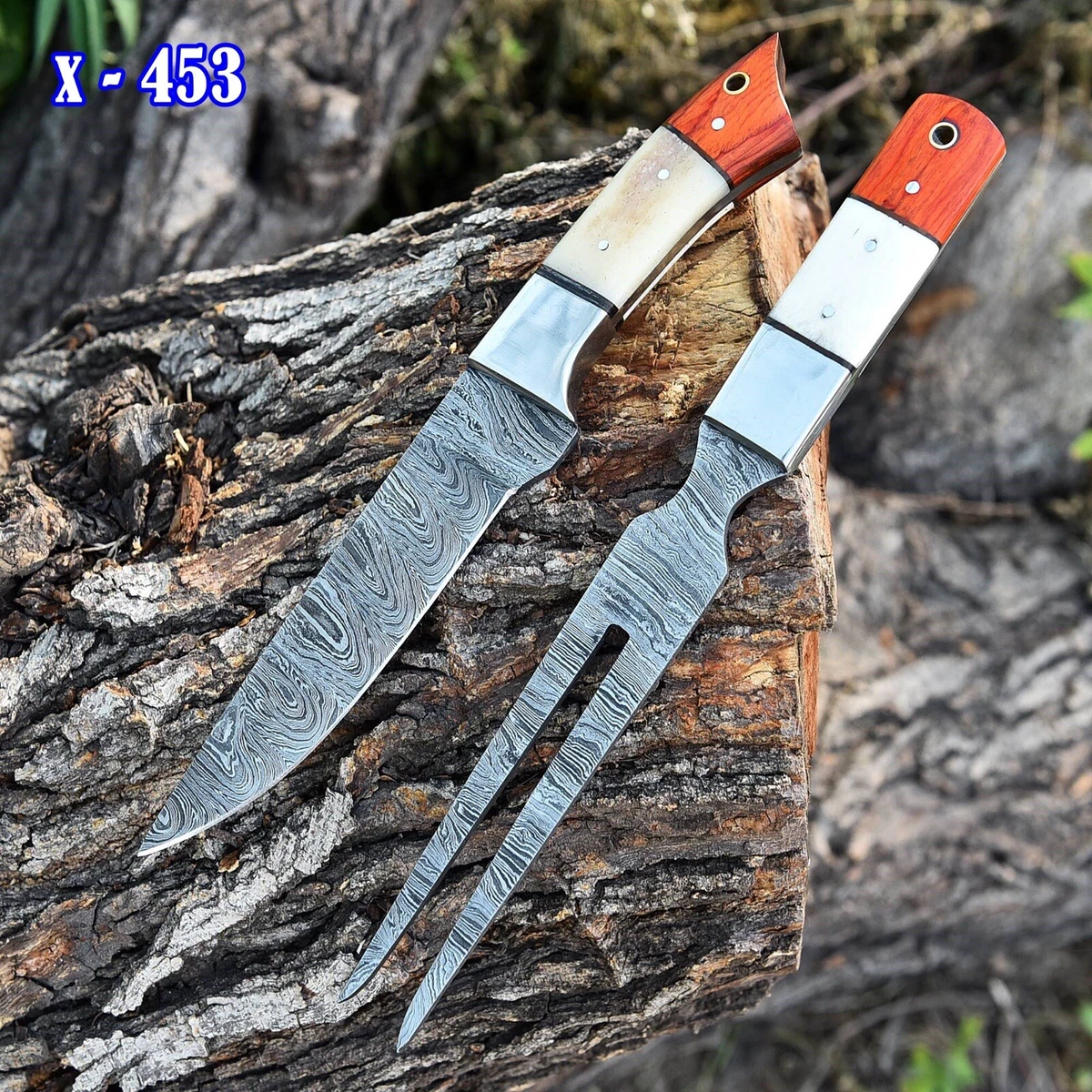 HANDMADE Japanese Damascus Steel Steak knife fork full tang pair