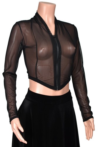 Black Mesh Zip Front Cropped Sweater XS to 3XL plus size sheer v-front goth sexy - 第 6/7 張圖片