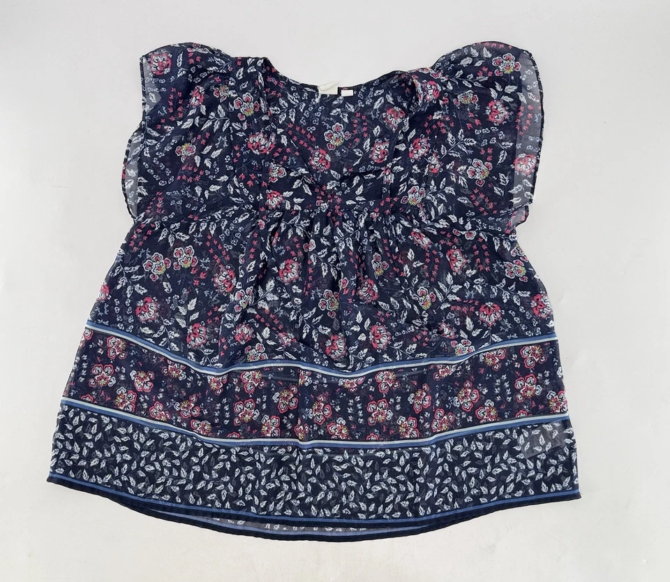 GAP Tie Neck Sheer Chiffon Blue Floral Flutter Sleeve Blouse Sz L Preppy Boho - Image 3 of 4