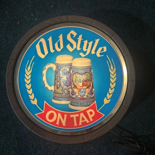 Vintage 1983 Old Style on Tap Beer Lighted Barrel 16" Round Sign Stein