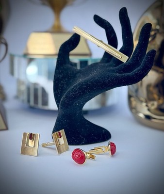 Curated Egyptian Revival Gentleman s Accessory Lot Scarab Cufflinks Tie Bar Red