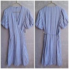OLD NAVY NWT Short Puff Sleeve Railroad Stripe Wrap Dress Size L *Tall Linen