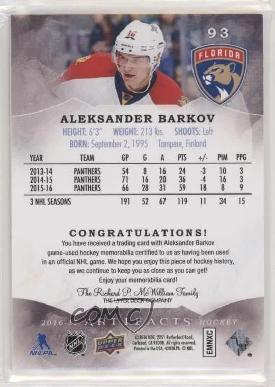 2016-17 Upper Deck Artifacts Dual Materials /125 Aleksander Barkov #93 - Image 2 of 2