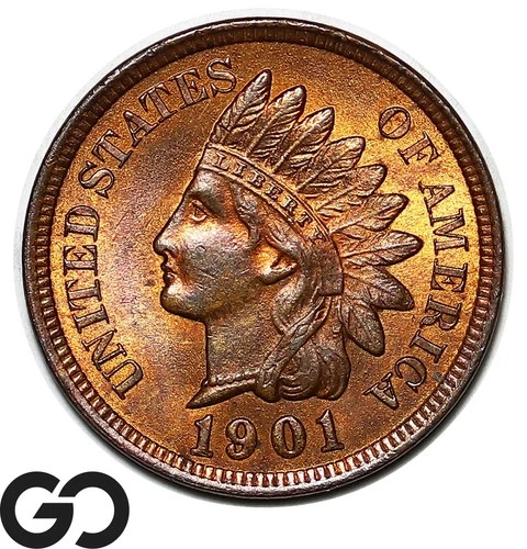 1901 Indian Head Cent Penny, Gorgeous Red Brown, Solid Gem BU++ RB