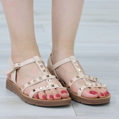 Beige Gladiator Sandals Gold Studded Straps Buckle Closure Open Toe Flat