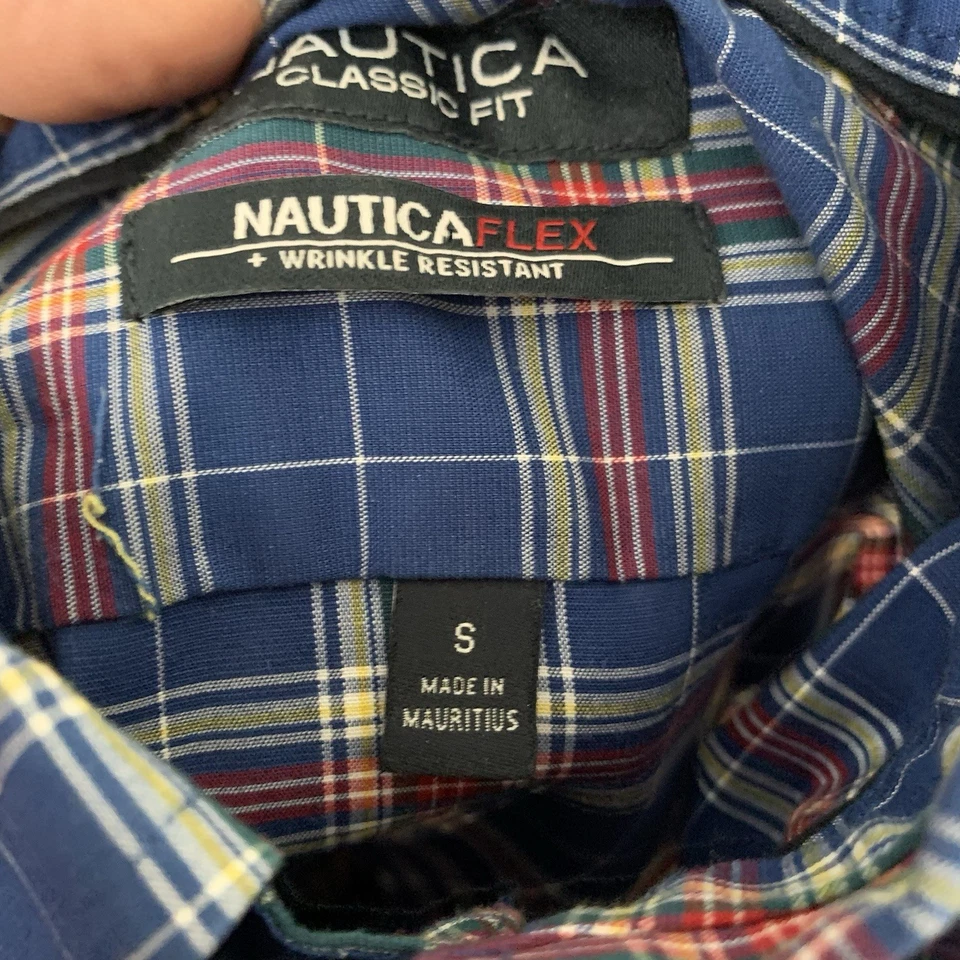 Nautica Flex Classic Fit Shirt Mens Sz Small Navy Blue Plaid Button Up Stretch - Image 4 of 4