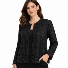 Vintage Stenay Beaded Silk Jacket Women M Black Evening Formal Open Front Sequin