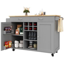 Kitchen Island, Rolling Storage Trolley w/ Worktop, Drawers & Wine Racks, Grey